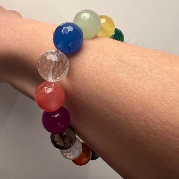 Semiprecious gemstone rainbow round bead chunky bauble beaded stacking bracelet - Picture 16 of 17